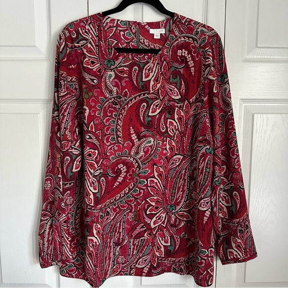 J Jill Blouse Womens L Red Paisley Long Sleeve Button Cuff Boho Floral Office - Picture 1 of 13
